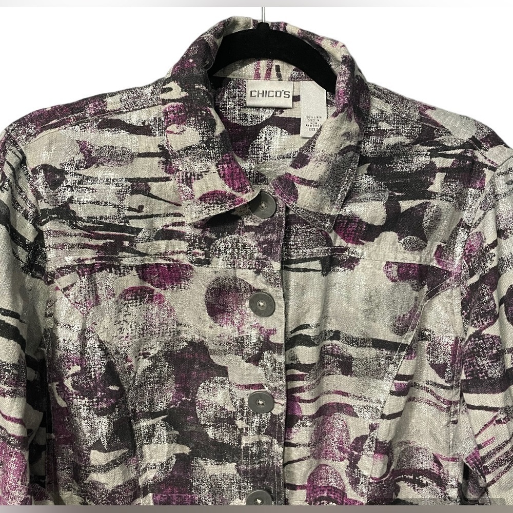 Chicos Women's Size 2 (med) Purple Gray Silver Metallic 100%Linen Jacket Blazer - Picture 4 of 17